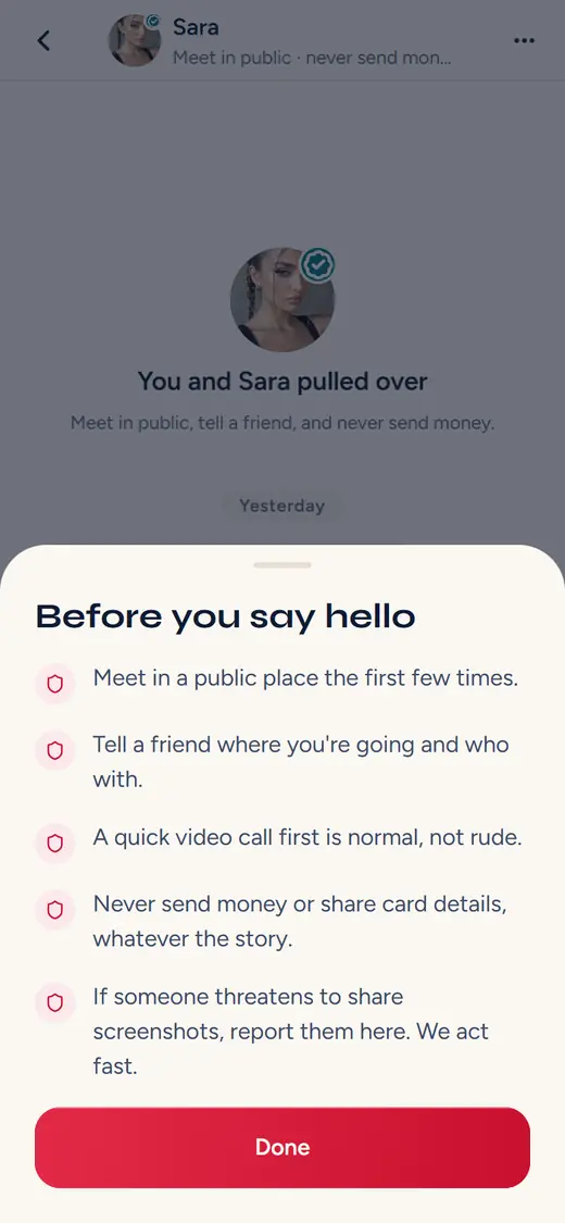 The safety sheet shown before a first message, headed Before you say hello, listing five rules.